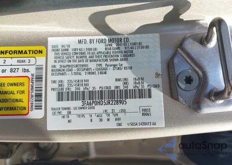 2018 Ford Fusion Se из США, поврежденный, VIN 3FA6P0HD5JR228905